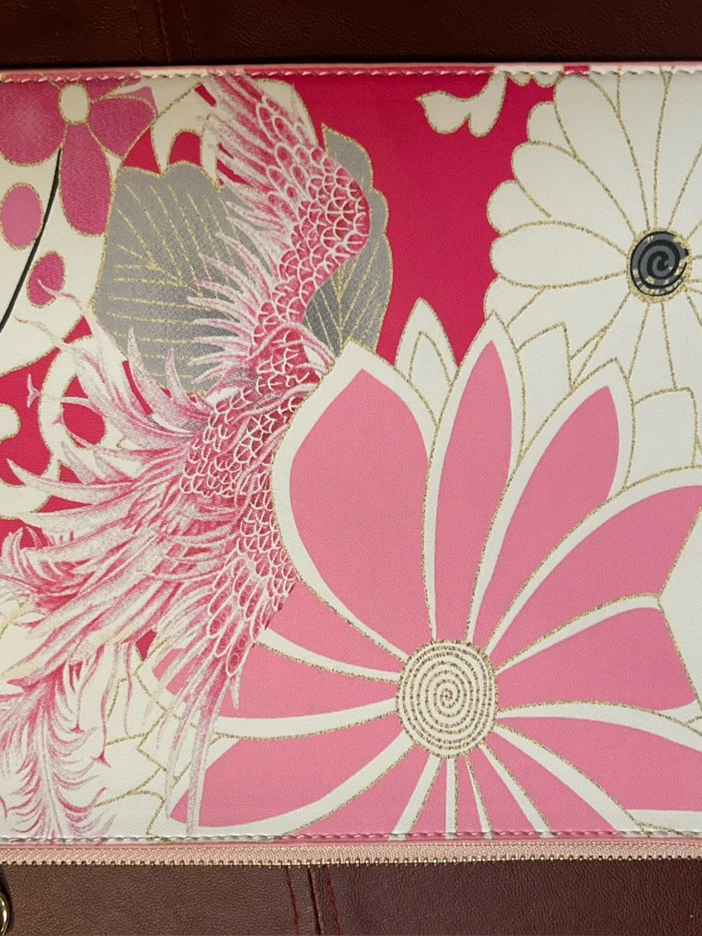 CHICO’s Pink & Gold Floral Print clutch, 7.5 x 9.5” w/strap, orig $39.50 new!!